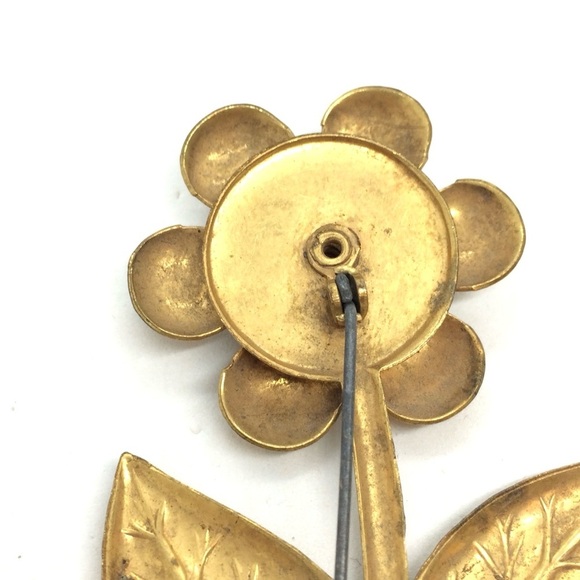 VINTAGE MCM FLOWER BROOCH PIN RED RHINESTONE ART NOUVEAU GOLD TONE MID -CENTURY - Picture 12 of 14